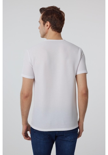 Süvari Beyaz Slim Fit Armürlü Bisiklet Yaka Tişört-37336 Beyaz