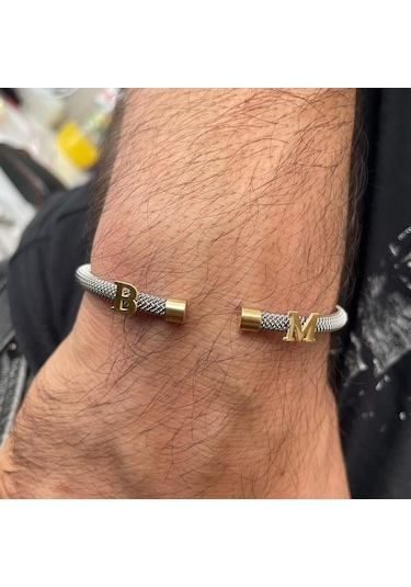 Simurg Jewellery 14 Ayar Altın Harfli Beyaz Çelik Bileklik Sarı - Beyaz