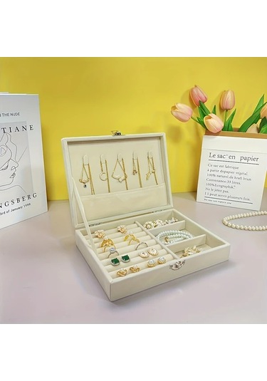 Elmpaly Beige Vintage Kumaş Mücevher Kutusu Yumuşak Kadife Astarlı Kilitlenebilir