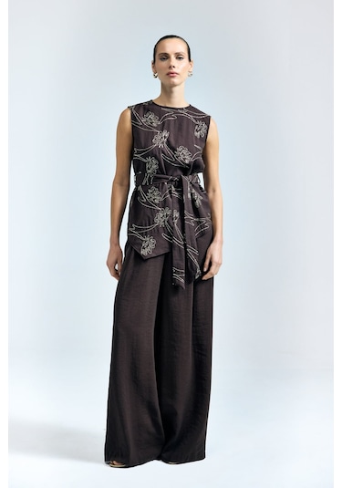 Sateen Dina Pantolon - Koyu Kahve-137349 Koyu Kahverengi
