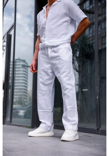 Keten Baggy Beyaz Renk Erkek Pantolon-1764 Beyaz