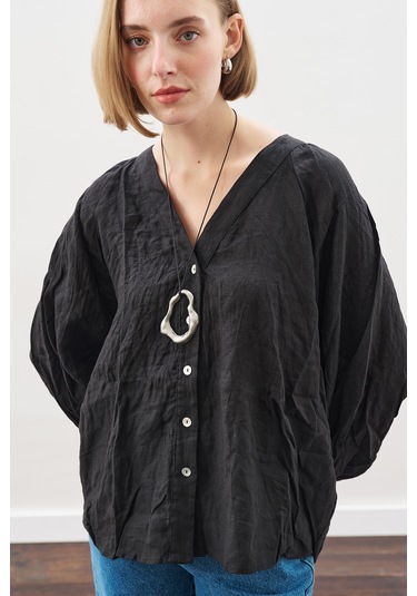 Keten Crush Düğmeli Bluz Siyah Siyah