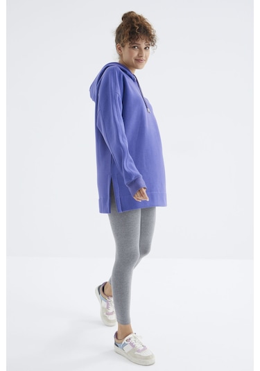 Tommy Life Eflatun Reglan Kol Basic Kapüşonlu Oversize Sweatshirt Tunik - 97242 Eflatun