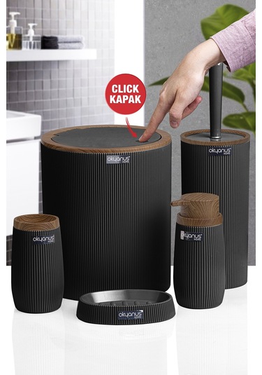 Okyanus Home Siyah Ahşap Çizgili Yuvarlak 5'Li Banyo Seti