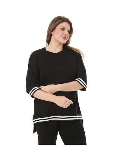 Melsay Butik Siyah Bisiklet Yaka Şerit Detaylı Kısa Kollu Beli Lastikli Kapri Takım Siyah