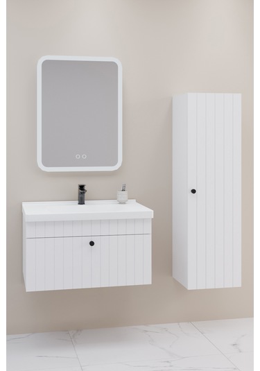 Alice 80 Cm Banyo Dolabı Cmr Led Aynalı Beyaz - Boy Dolap Dahil Beyaz