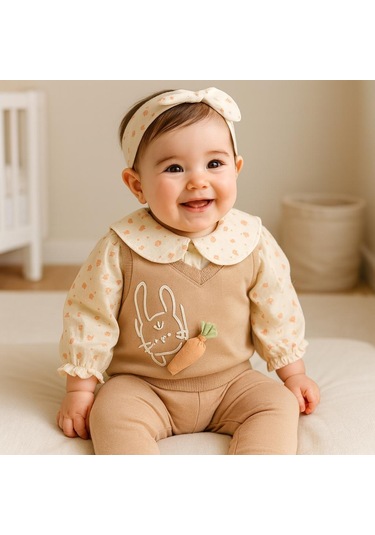 Albania Havuç Detaylı Müslin Gömlekdetaylı Omuzdan Çıtçıtlı 3 Lütakım Kahverengi
