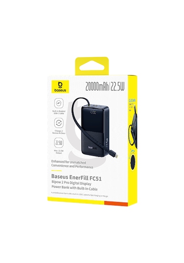 Baseus Enerfill Bipow2 Pro 20000mah Dahili Usb-c Kablolu, 22,5 W Hızlı Şarjlı, Led Ekranlı Powerbank, Siyah Siyah