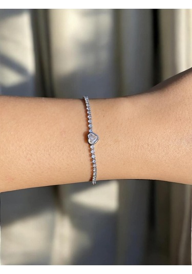 Minik Kalp Detaylı Zarif Su Yolu Bileklik Silver- Sevgiliye Hediye Gümüş