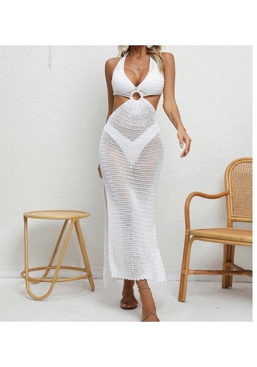 Bağlama İpli Derin V Yaka Örgü Boyundan Bağlamalı Tunik Uzun Plaj Elbisesi Siyah