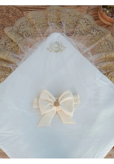 Yenidoğan Piramitland Taşlı Gold Güpür İşleme Bebek Battaniyesi Kundak Ekru Çok Renkli