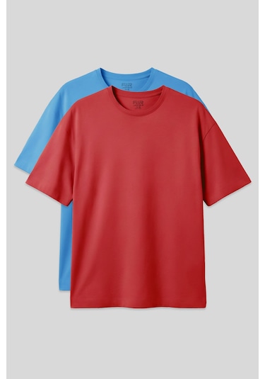 Basic Oversize O Yaka 2li Paket Fiesta-petrol Mavi Erkek T-shirt - 88377 Kırmızı - Mavi