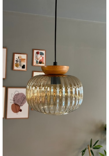 Mola Cam Bal Rengi Tekli Avize Tabak Ahşap Başlık Retro Sarkıt Lamba Restoran Salon Aydınlatma Bal