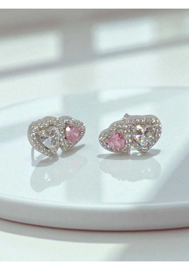 925 Ayar Gümüş Çift Kalpli Pembe Ve Beyaz Taşlı Çivi Küpe Zarif Ve Işıltılı Tasarım Gümüş