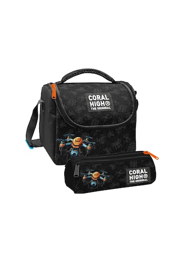 Coral High Erkek Çocuk Drone Pilotu Siyah Thermo Beslenme Çantası Ve Üç Bölmeli Kalem Çantası Seti Siyah - Kırmızı