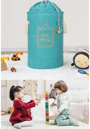 Onikiden Yuvarlak Torbalı Oyuncak Çamaşır Sepeti Mavi