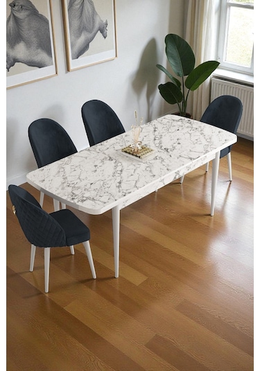 Mura Beyaz Mermer 80x132 Açılabilir Mdf Masa Yemek Odası Takımı, Mutfak Takımı 4 Adet Sandalye Antrasit
