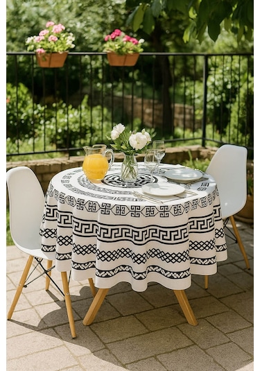 Yuvarlak Geometrik Siyah Desenli Duck Kumaş Masa Örtüsü 150x150 Cm Siyah - Beyaz