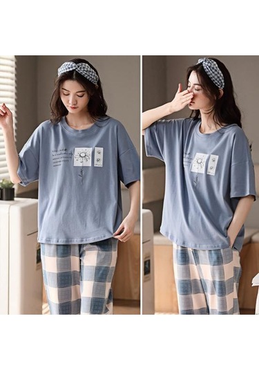 Pembe Salon Pijama O-boyun Uyku Nefes Kızlar Yaz Karikatür Baskı T-shirt Mahsul Pantolon Seti Günlük Giyim Pembe