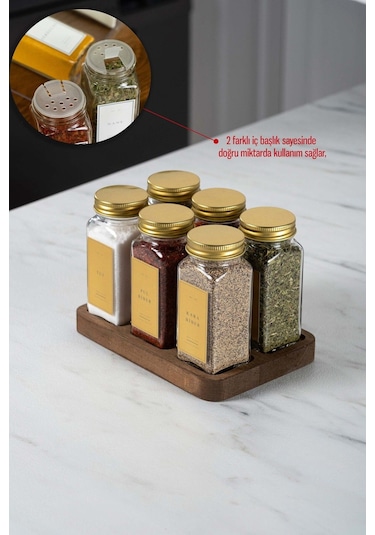 6'lı Kare Ahşap Standlı Baharatlık Gold Kapaklı-etiketli Cam Baharatlık Seti Mh01gld06k Gold - Şeffaf