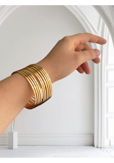 22 Ayar Altın Kaplama 10 Lu Kibrit Çöpü İnce Ajda Bilezik Seti 22 Cm. - 3155-10 Çok Renkli