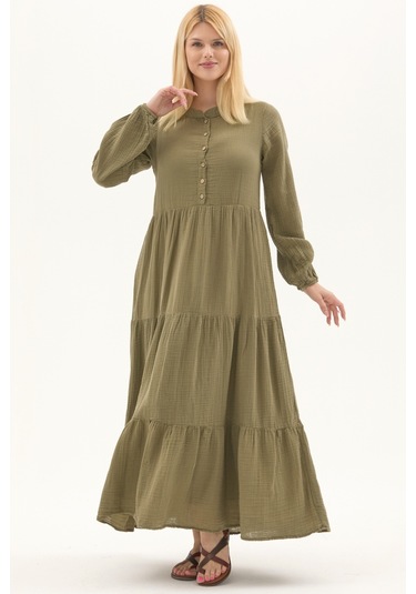 Uzun Kol Haki Düğmeli Yazlık Uzun Müslin Elbise