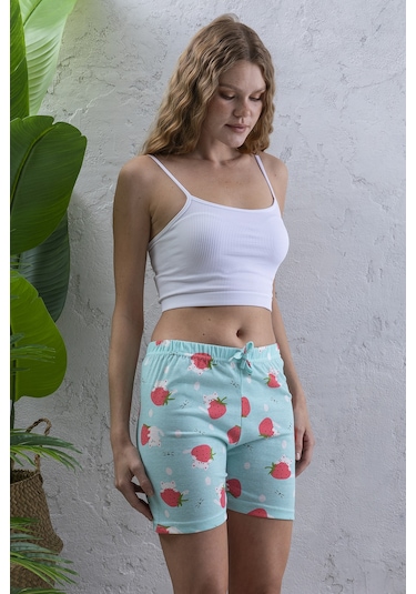 Giysa Kadın Beli Lastikli Desenli Şort Pijama Altı Turkuaz - 2027 Turkuaz
