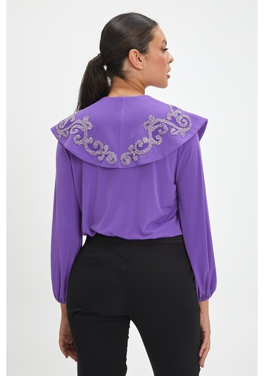 Parıltılı İşlemeli Zarif Yaka Tasarımlı, Balon Kollu Şık Bluz - Özel Günler Ve Günlük Kullanım İçin İdeal Mor
