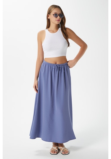 Kadın Trend Modal Serin Kumaş İndigo Bel Lastikli Cepli Rahat Kalıp Uzun Etek