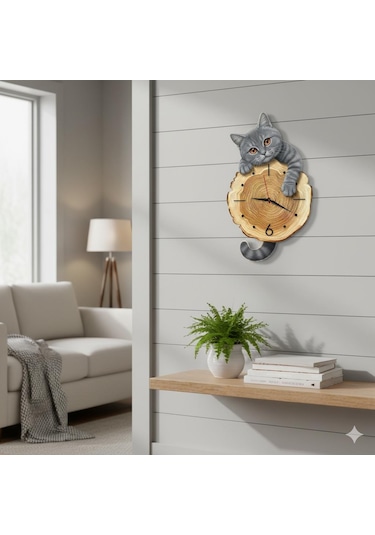 Cajuart Kütük Üzerinden Bakan Gri Kedi Tasarımlı Duvar Saati Modern Dekoratif Saat Kahverengi