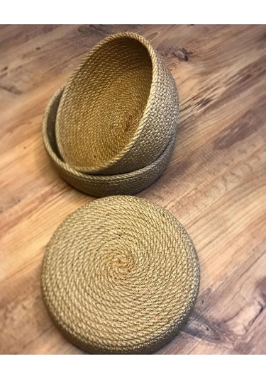 3lü Hasır Sepet, Jüt Sepet, %100 Doğal Hasır Sepet, Çok Amaçlı Dekoratif Hasır Sepet, Organizer