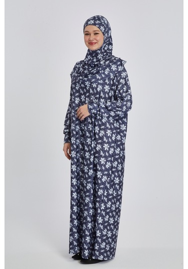Pratik Tek Parça Manolya Desenli Namaz Elbisesi Lacivert