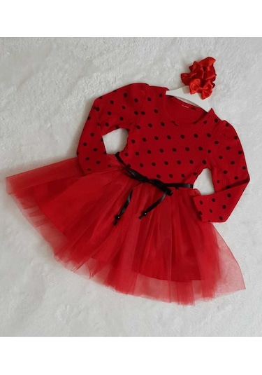 Kız Çocuk Kırmızı Uzun Kol Puantiyeli Doğum Günü Özel Gün Yılbaşı Hediye Abiye Günlük Prenses Elbise Kırmızı