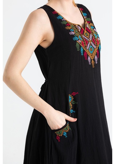 Kolsuz Şile Bezi Antik Nakışlı Midi Boy Elbise Siyah Syh-siyah