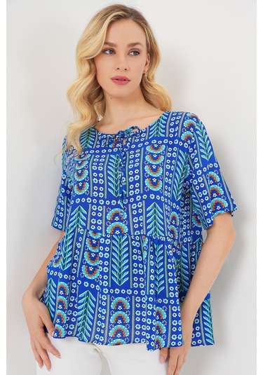 Kadın Desenli Kısa Kol Bluz 969 - Saks Saks