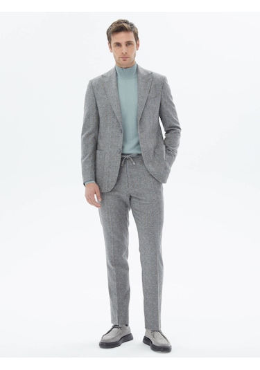 Gri Çizgili Modern Fit Yün Karışımlı Takım Elbise Gri