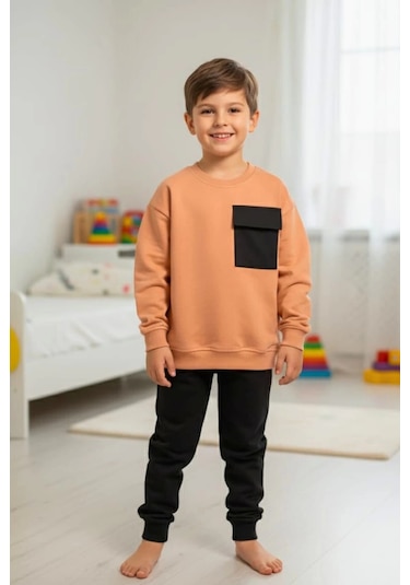 Cep Detaylı Erkek Çocuk Soft Turuncu Renk Eşofman Takım Turuncu