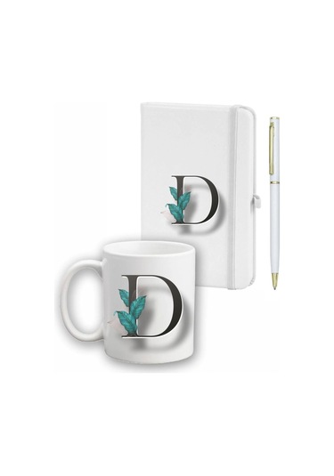Beyaz Yaprak Desenli Ajanda Kupa Ve Kalem Seti