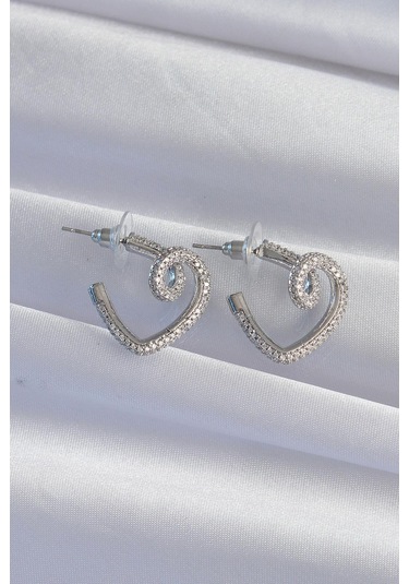 Pirinç Gümüş Renk Zirkon Taşlı Kıvrımlı Yarım Kalp Küpe Gold