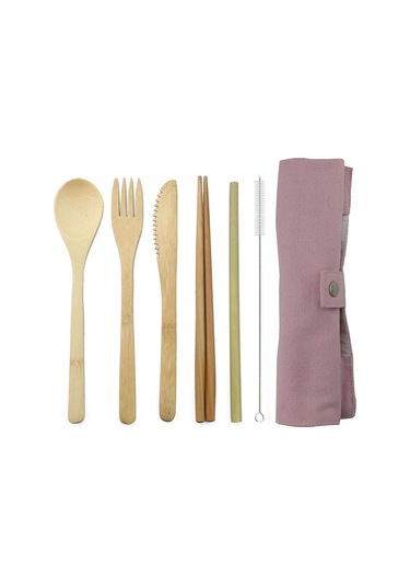 Pembe 7 Adet Takım Elbise Taşınabilir Çatal Seyahat Çevre Dostu Çatal Kaşık Seti Dahil Yenide Bambu Çatal Bıçak Kaşık Tk. 56470426