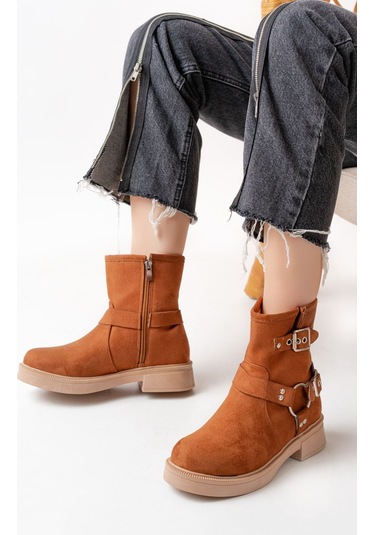 02-2013 Taba Süet Toka Aksesuarlı Fermuarlı Günlük Kadın Bot Taba