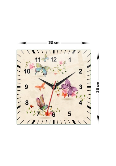 Cam Duvar Saati Çiçek Desenli Krem Fon 32cm X 32cm Çiçek