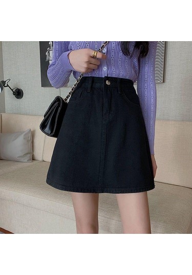 Kadın Etek Popüler Kot Etek Yüksek Bel Kore Kadınlar Için Diz Boyu Kısa Kot Etekler Kayısı