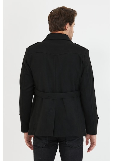 Erkek Siyah Kemerli Kaşe Kaban Trenç Model Siyah