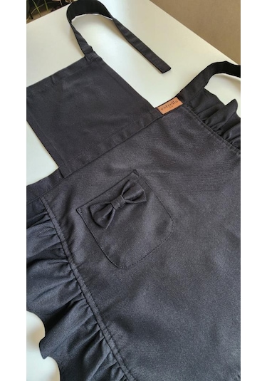 Keten Fırfırlı Bohem Mutfak Önlüğü Siyah