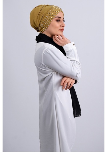 Hardal Pratik Hazır Geçmeli Tesettür Bone Sandy Kumaş Taşlı 1456_ Hardal