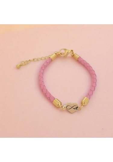 Archin Sonsuzluk Temalı 14 Ayar Altın Plakalı Pembe Derili Kalp Figürlü Hediye Bileklik-473sembol Sonsuz Kelebek