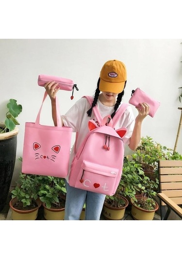 Ebitda Pembe 4 Parça Set Genç Kızlar İçin Çantaları Sevimli Baskı Kadın Sırt Çantası Yüksek Kaliteli Sırt Çantası Kadın Omuz Çantaları Kırmızı Desenli Alternatif Seçenek Pembe