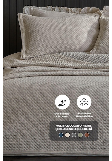 Evlen Home %100 Pamuk Çift Kişilik Özel Taş Yıkama Yatak Örtüsü Lüks Yumuşak Dayanıklı Modern Vitali Bej