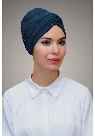 P. Mavisi Pratik Dolama Tesettür Bone Sandy Kumaş Boncuklu 1870 17 Petrol Mavisi